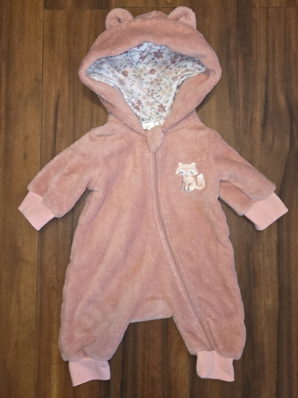 Tahari Pink Plush Hooded One-piece Zip Up Romper with Fox Embroidery & Ears
